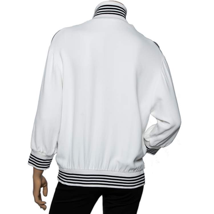 Pre Owned Dolce & Gabbana White Crepe Logo Tape Rib Knit Trimmed Jacket M