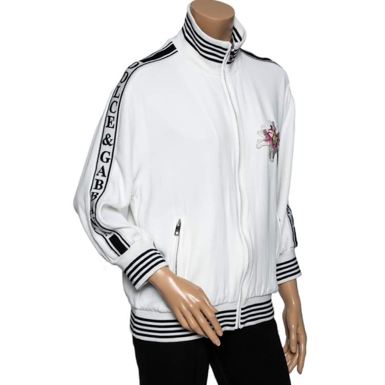 Pre Owned Dolce & Gabbana White Crepe Logo Tape Rib Knit Trimmed Jacket M