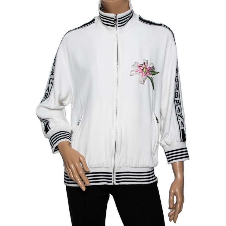 Pre Owned Dolce & Gabbana White Crepe Logo Tape Rib Knit Trimmed Jacket M