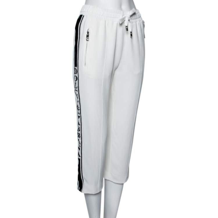 مملوكة مسبقًا Dolce & Gabbana White Crepe Logo Tape Trim Cropped Track Pants S