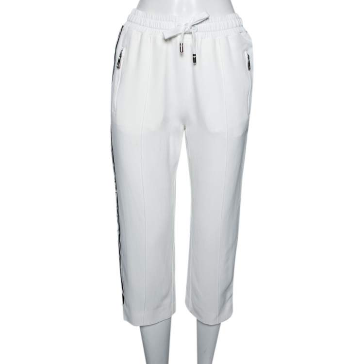 مملوكة مسبقًا Dolce & Gabbana White Crepe Logo Tape Trim Cropped Track Pants S