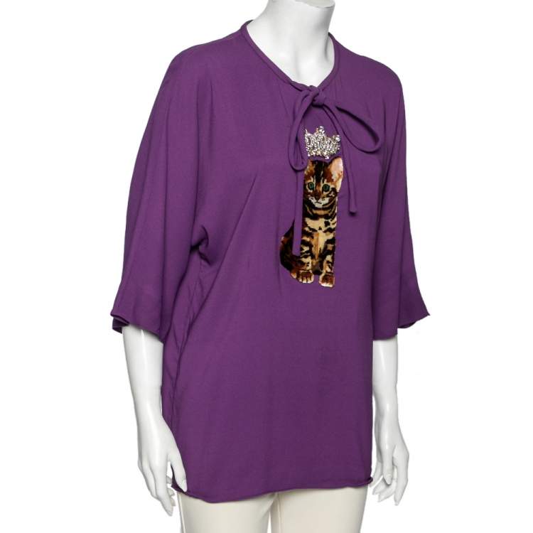 Pre Owned Dolce & Gabbana Purple Crepe Cat Zambia Tiara Blouse M
