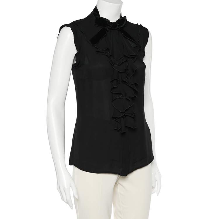 Pre Owned D&G Black Sheer Silk Ruffled Neck Sleeveless Blouse S
