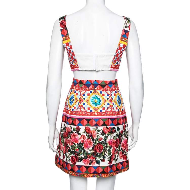 Pre Owned Dolce & Gabbana Multicolor Carretto Roses Print Cotton Crop Top & Skirt Set M