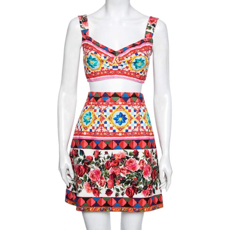 Pre Owned Dolce & Gabbana Multicolor Carretto Roses Print Cotton Crop Top & Skirt Set M