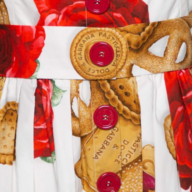 Pre Owned Dolce & Gabbana White Cotton Rose Biscuit Print Midi Dress S