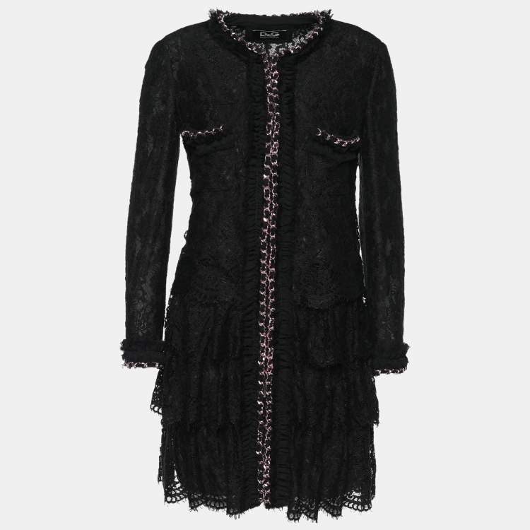 Pre Owned D&G Black Lace Chain Embellished Tiered Coat M