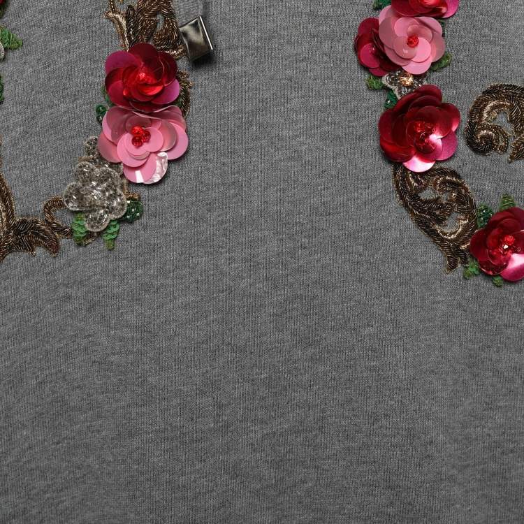Pre Owned Dolce & Gabbana Grey Terry Knit Floral Logo Hoodie M