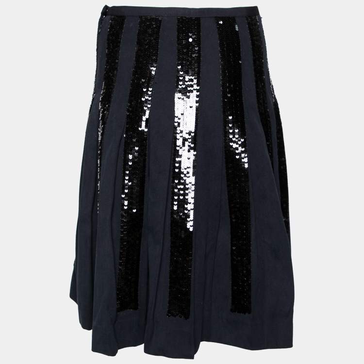 مملوكة مسبقًا Dolce & Gabbana Black Sequin Embellished Striped Cotton Pleated Skirt M