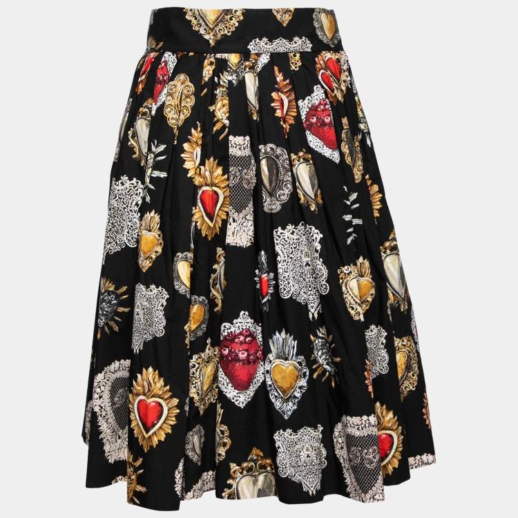 Pre Owned Dolce & Gabbana Black Sacred Heart Print Cotton Pleated Skirt M