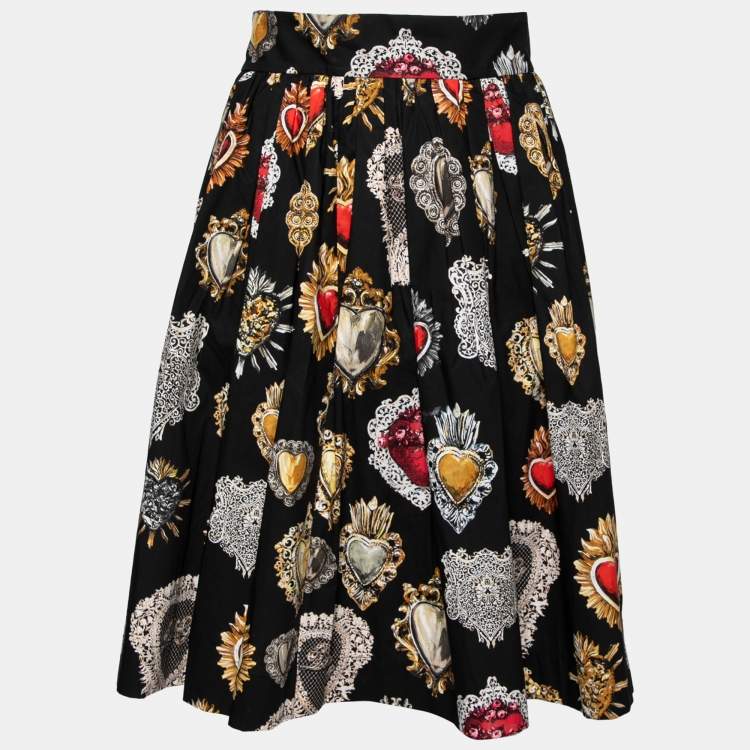 Pre Owned Dolce & Gabbana Black Sacred Heart Print Cotton Pleated Skirt M