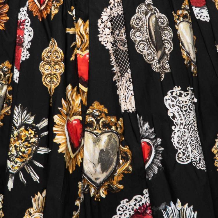 Pre Owned Dolce & Gabbana Black Sacred Heart Print Cotton Pleated Skirt M