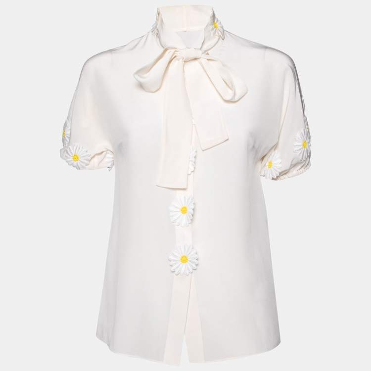 Pre Owned Dolce & Gabbana Off White Silk Floral Appliqued Blouse S