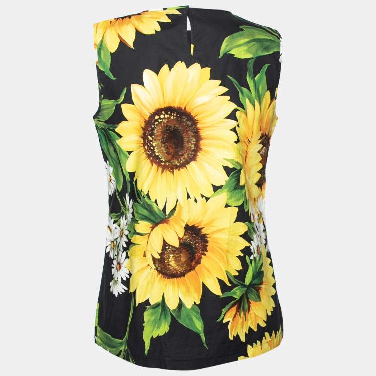 Pre Owned Dolce & Gabbana Black & Yellow Sunflower Print Cotton Top S
