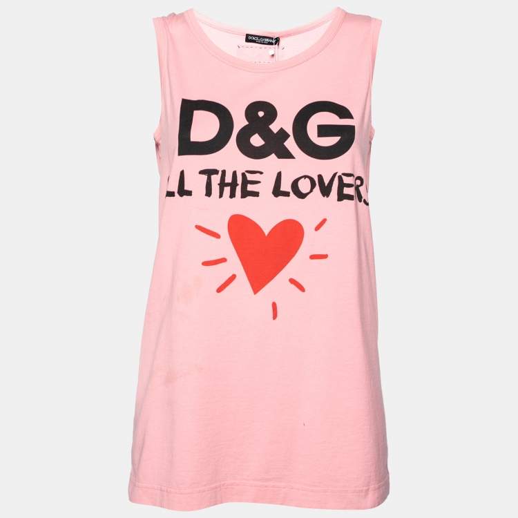 Pre Owned Dolce & Gabbana Pink Cotton Logo Printed Sleeveless T-Shirt S