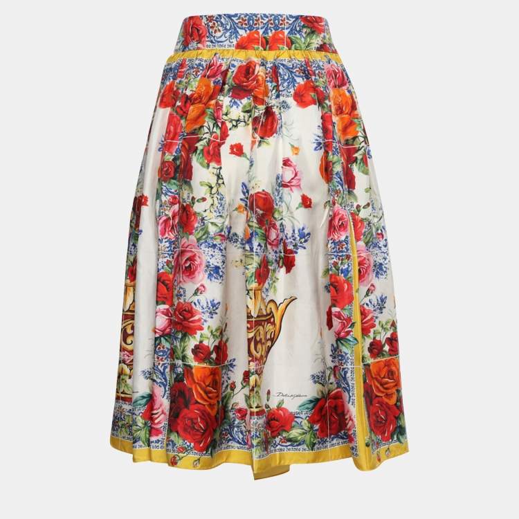 Pre Owned Dolce & Gabbana Multicolor Floral Print Silk Midi Skirt M