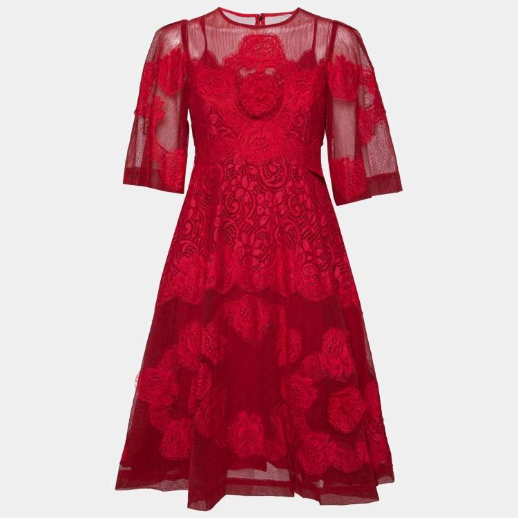 Pre Owned Dolce & Gabbana Red Tulle & lace Trimmed Flared Dress M