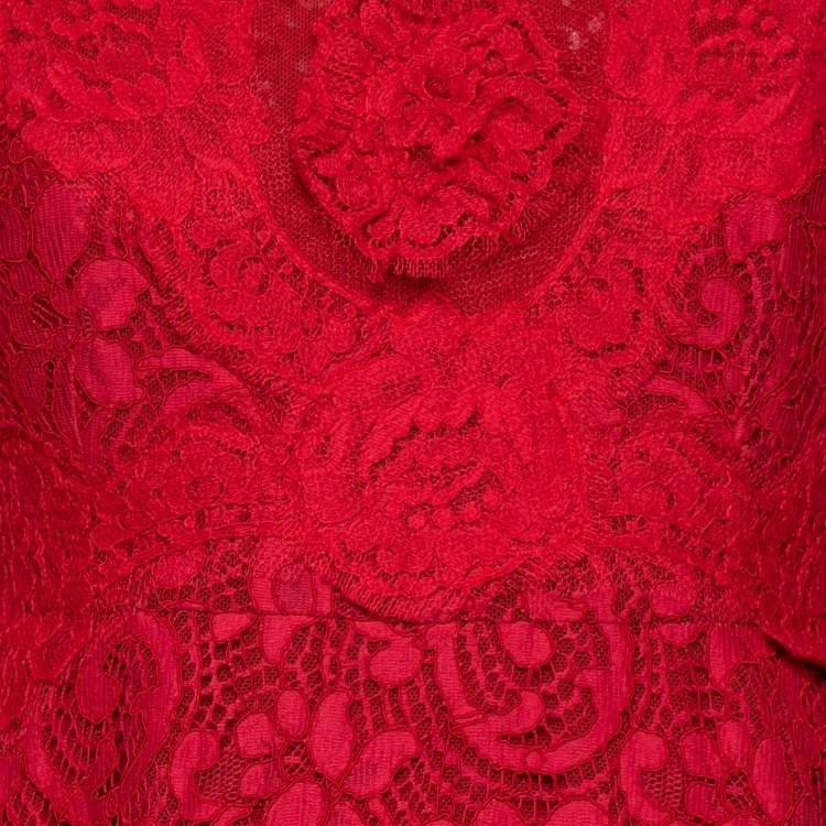 Pre Owned Dolce & Gabbana Red Tulle & lace Trimmed Flared Dress M