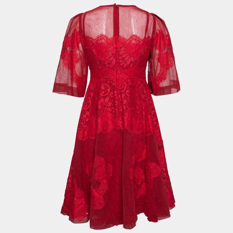Pre Owned Dolce & Gabbana Red Tulle & lace Trimmed Flared Dress M