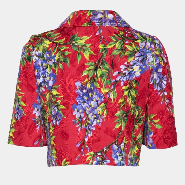Pre Owned Dolce & Gabbana Red Floral Printed Jacquard Cropped Jacket S