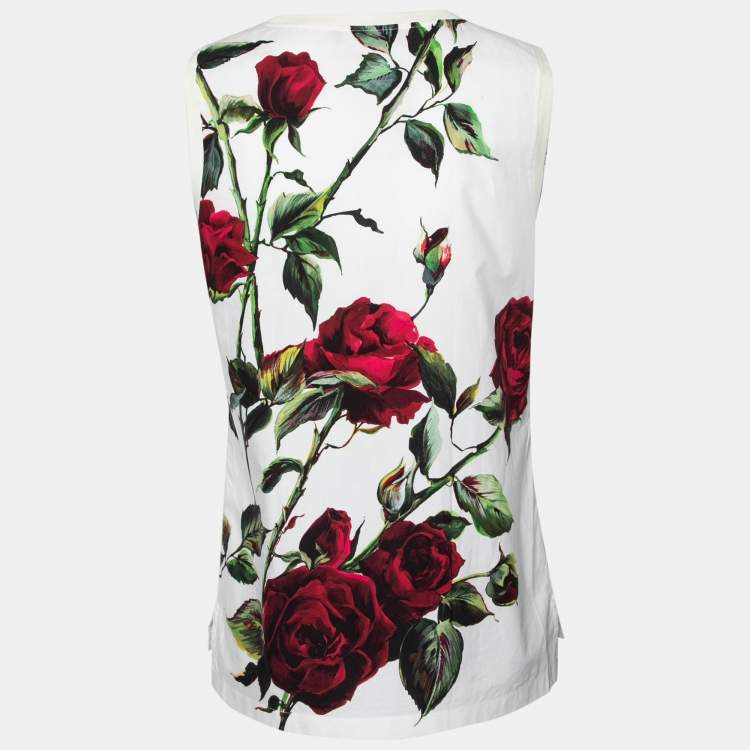Pre Owned Dolce & Gabbana White Rose Printed Cotton Sleeveless Top S