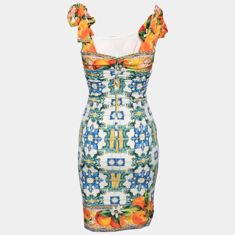 Pre Owned Dolce & Gabbana Multicolored Printed Silk Ruched Detail Dress S