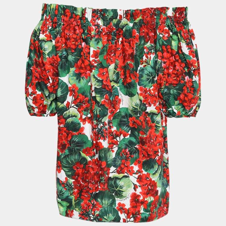 Pre Owned Dolce & Gabbana Red Floral Print Poplin Off Shoulder Blouse M