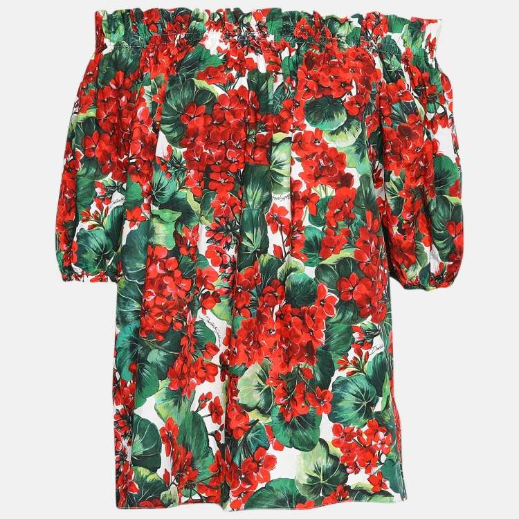 Pre Owned Dolce & Gabbana Red Floral Print Poplin Off Shoulder Blouse M