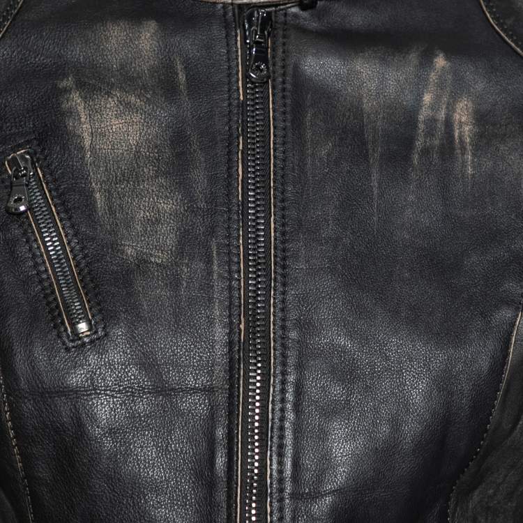 Pre Owned Dolce & Gabbana Black Faded Effect Leather Zip Front Biker Jacket S