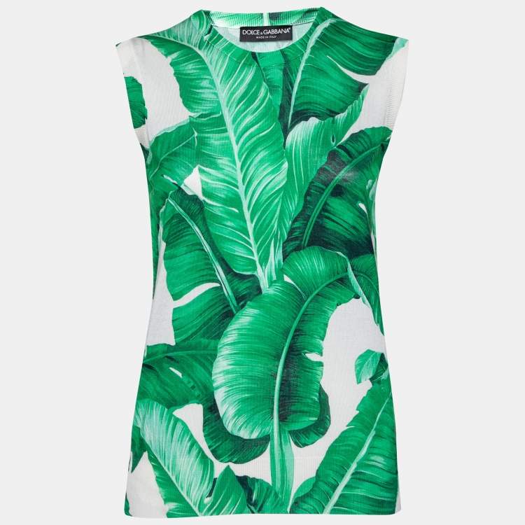 Pre Owned Dolce & Gabbana Green Leaf Print Silk Knit Sleeveless Sweater M