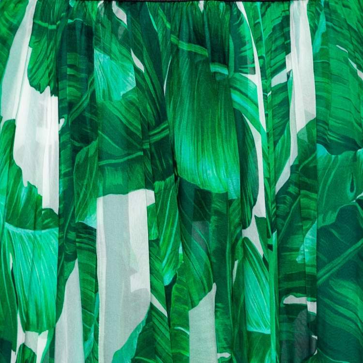 Pre Owned Dolce & Gabbana Green Leaf Printed Silk Chiffon Skirt M