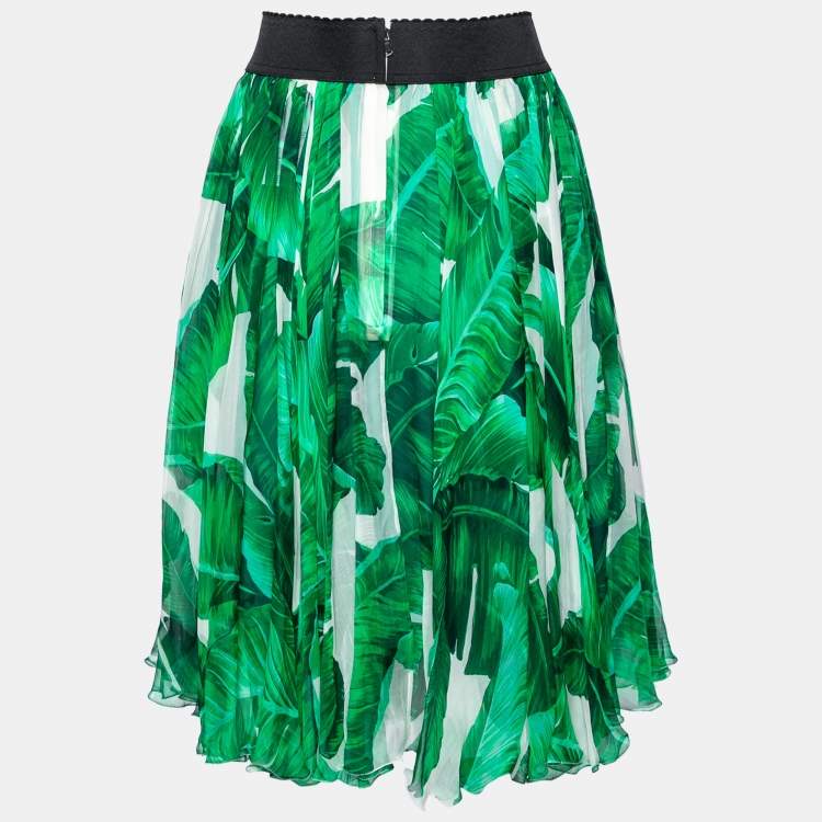Pre Owned Dolce & Gabbana Green Leaf Printed Silk Chiffon Skirt M
