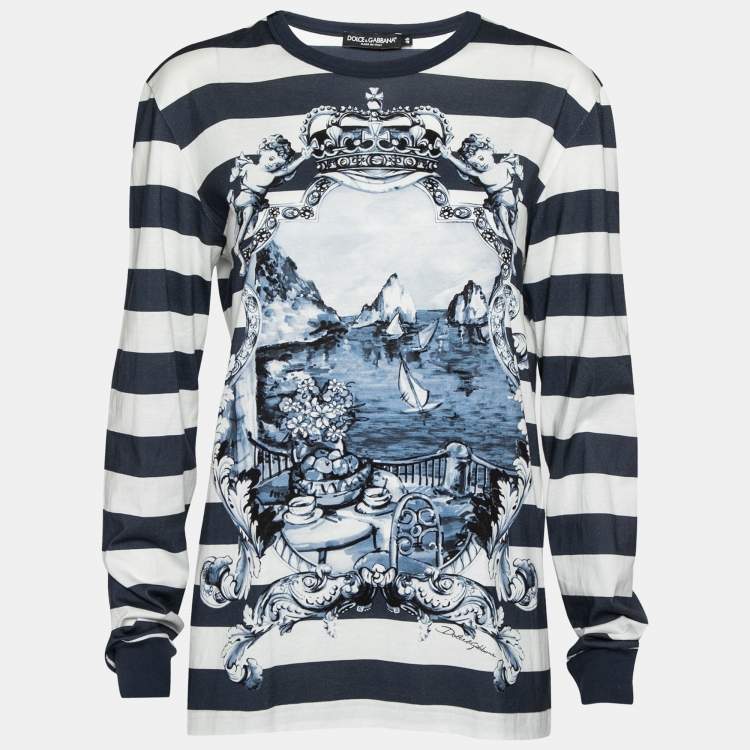 Pre Owned Dolce & Gabbana Navy Blue Striped & Printed Cotton Long Sleeve T-Shirt L