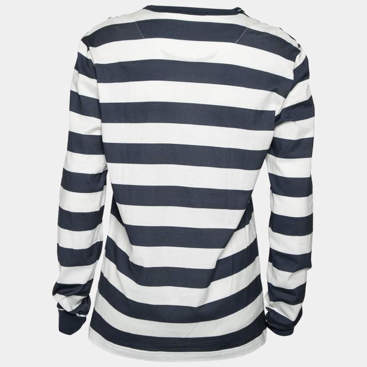 Pre Owned Dolce & Gabbana Navy Blue Striped & Printed Cotton Long Sleeve T-Shirt L