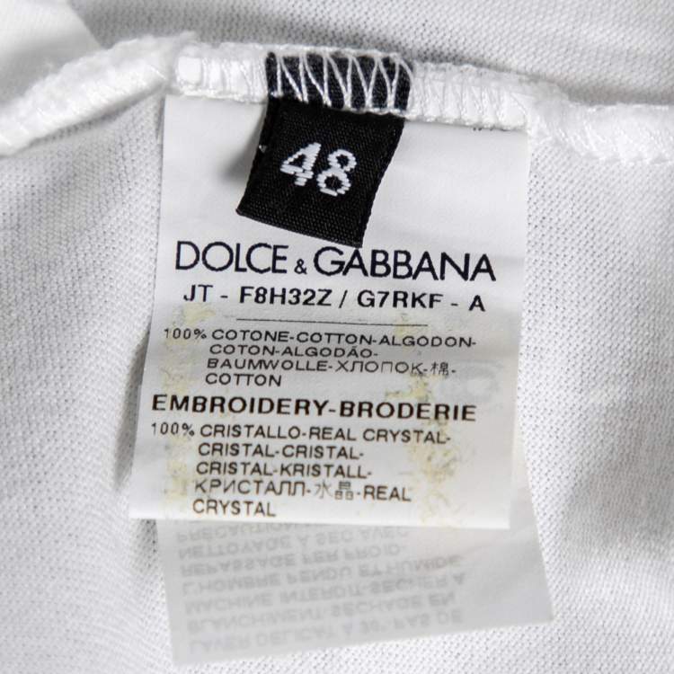مملوكة مسبقًا Dolce & Gabbana White Cotton Heart Printed and Embellished Crew Neck Top L
