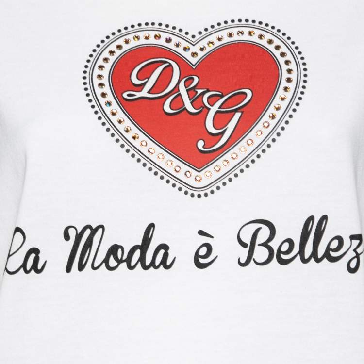 مملوكة مسبقًا Dolce & Gabbana White Cotton Heart Printed and Embellished Crew Neck Top L