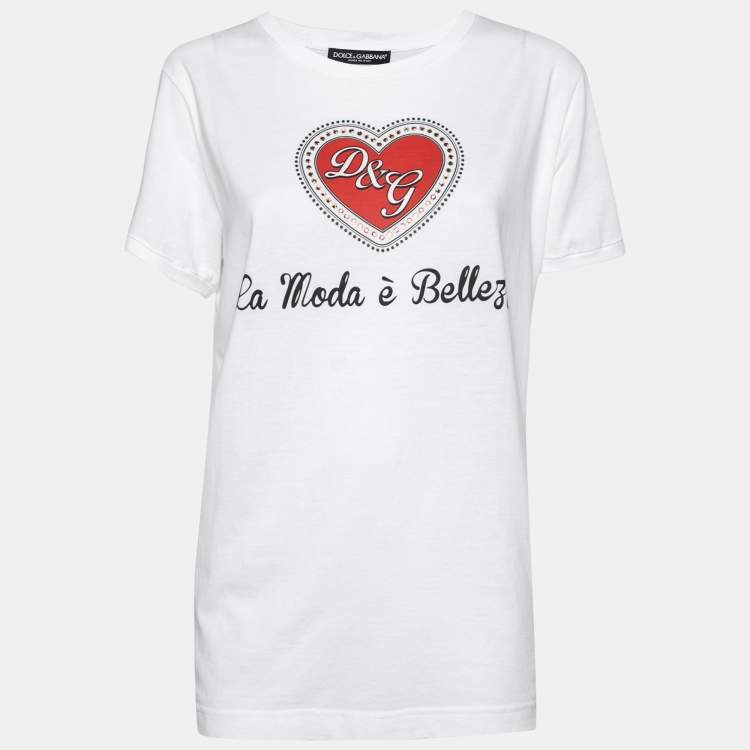 مملوكة مسبقًا Dolce & Gabbana White Cotton Heart Printed and Embellished Crew Neck Top L