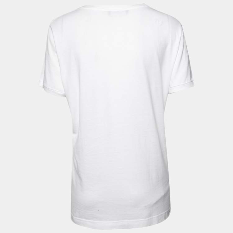 مملوكة مسبقًا Dolce & Gabbana White Cotton Heart Printed and Embellished Crew Neck Top L
