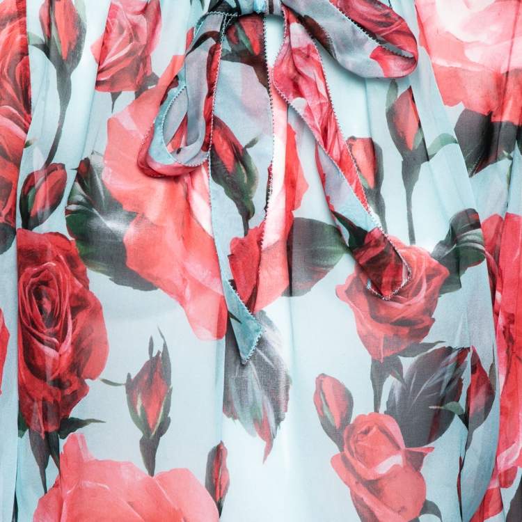 Pre Owned Dolce & Gabbana Blue and Red Rose Printed Silk Bow Tie Top L