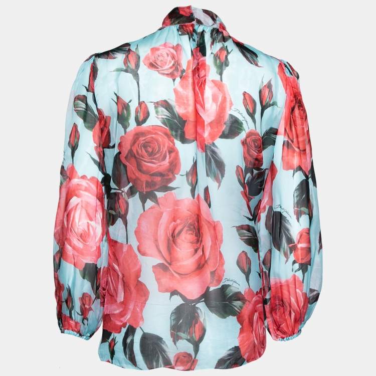 Pre Owned Dolce & Gabbana Blue and Red Rose Printed Silk Bow Tie Top L
