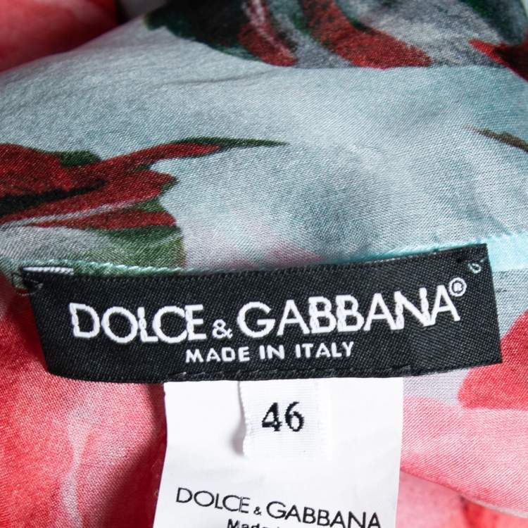 Pre Owned Dolce & Gabbana Blue and Red Rose Printed Silk Bow Tie Top L