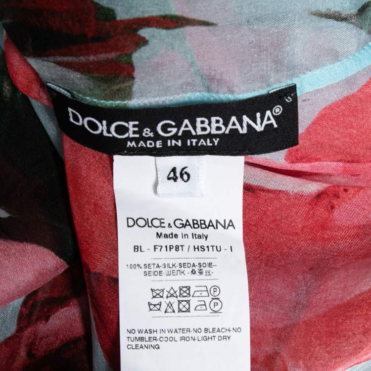 Pre Owned Dolce & Gabbana Blue and Red Rose Printed Silk Bow Tie Top L