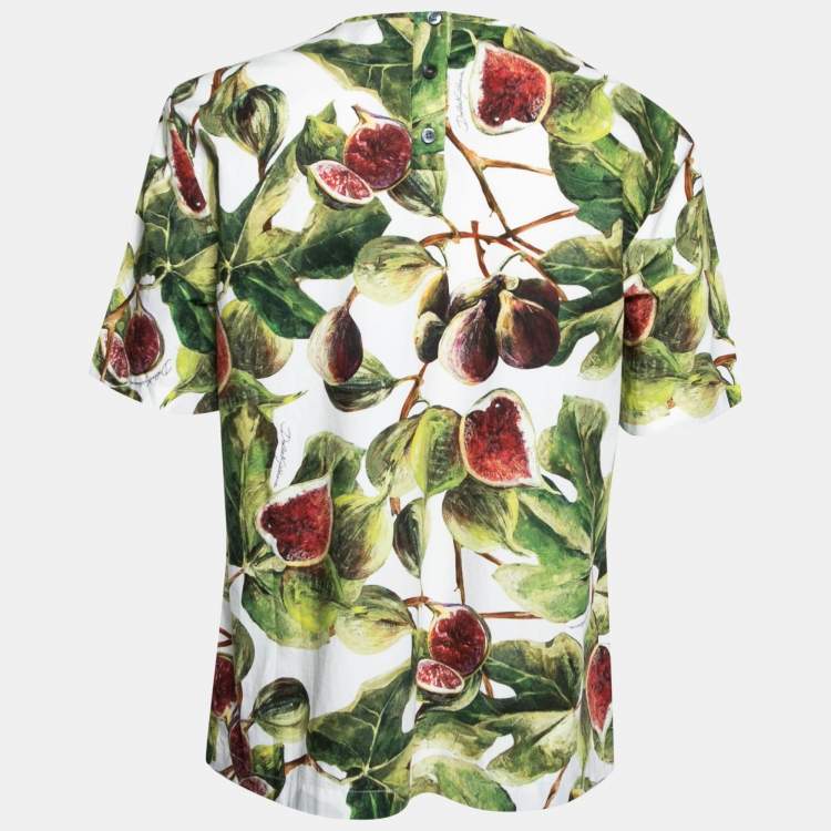 Pre Owned Dolce & Gabbana White and Green Fig Printed Cotton Crew Neck Top M