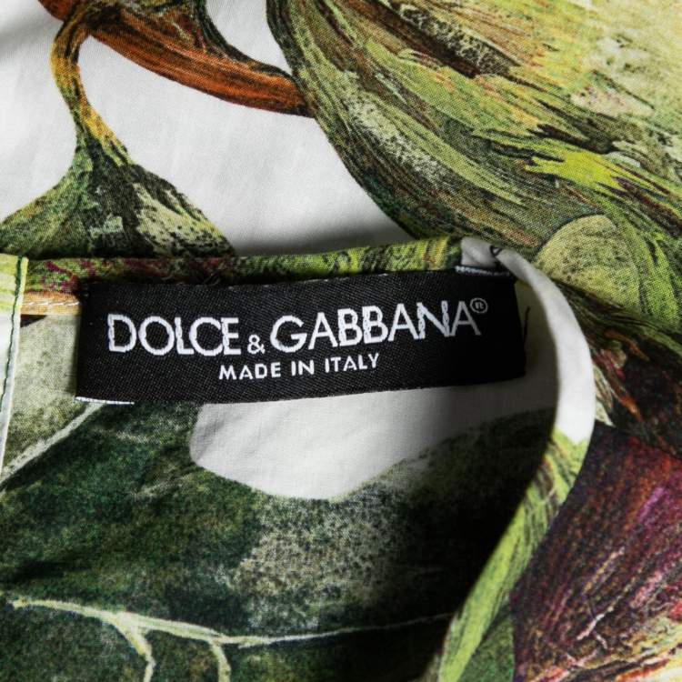 Pre Owned Dolce & Gabbana White and Green Fig Printed Cotton Crew Neck Top M