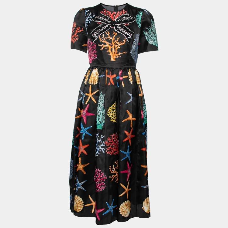 Pre Owned Dolce & Gabbana Black Coral Printed Silk Embellished Bow Detail Maxi Dress M