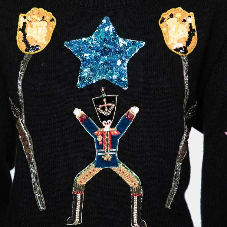 Pre Owned Dolce & Gabbana Black Knit Sequin and Beaded Embroidered Sweater M