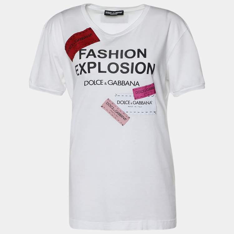 Pre Owned Dolce & Gabbana White Cotton Fashion Explosion Printed and Patched Crew Neck T-Shirt M