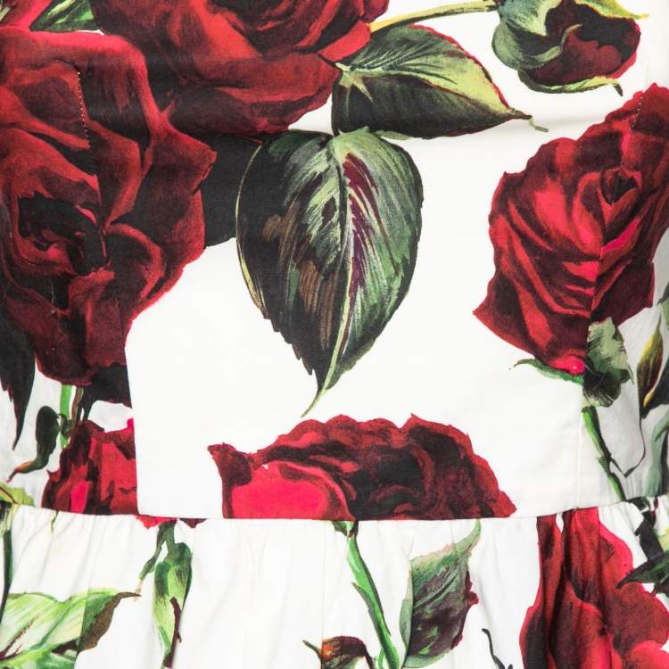 Pre Owned Dolce & Gabbana White and Red Rose Printed Pleated Sleeveless Dress S