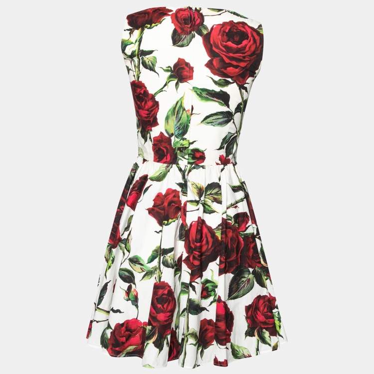 Pre Owned Dolce & Gabbana White and Red Rose Printed Pleated Sleeveless Dress S