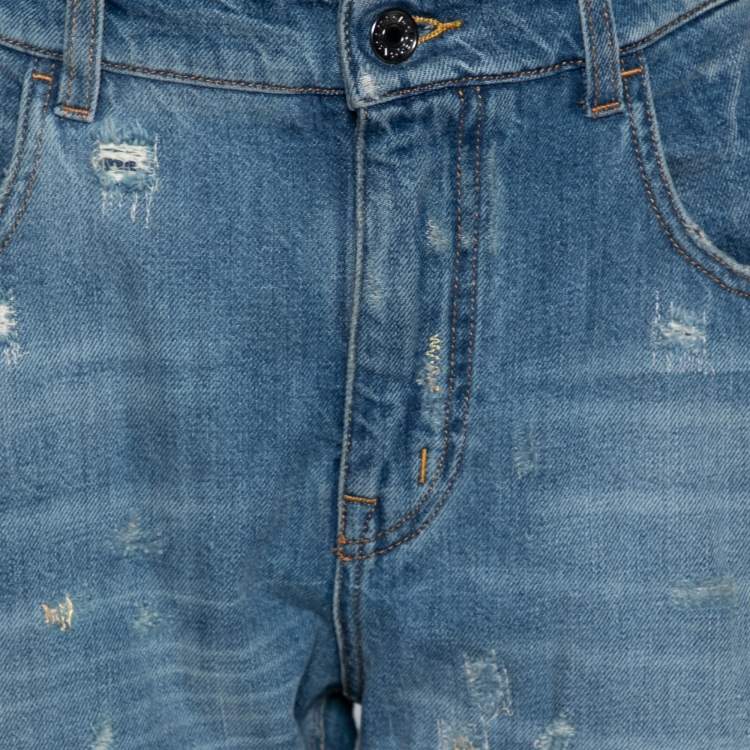 Pre Owned Dolce & Gabbana Blue Denim Floral Embroidered and Sequin Embellished Distressed Jeans L